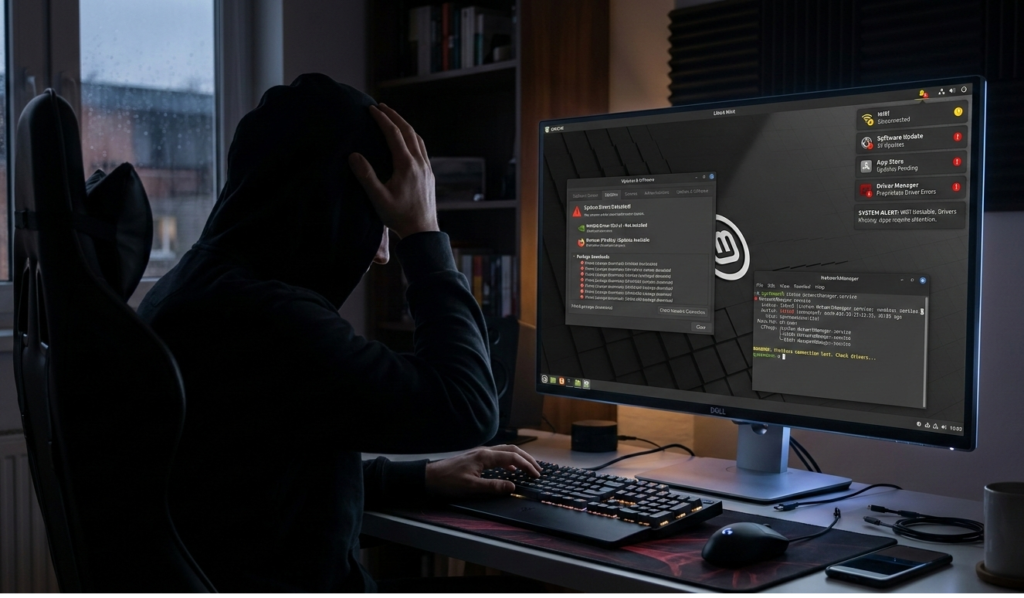 Linux desktop showing multiple system warning icons