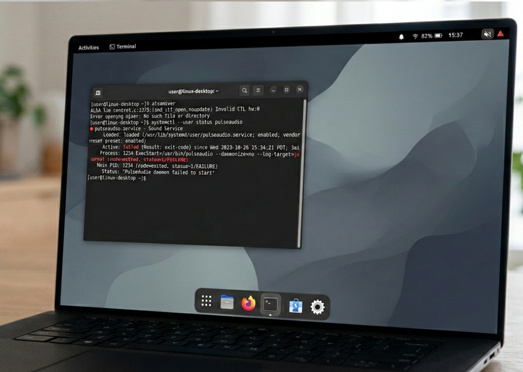 Linux desktop showing muted sound icon and terminal troubleshooting