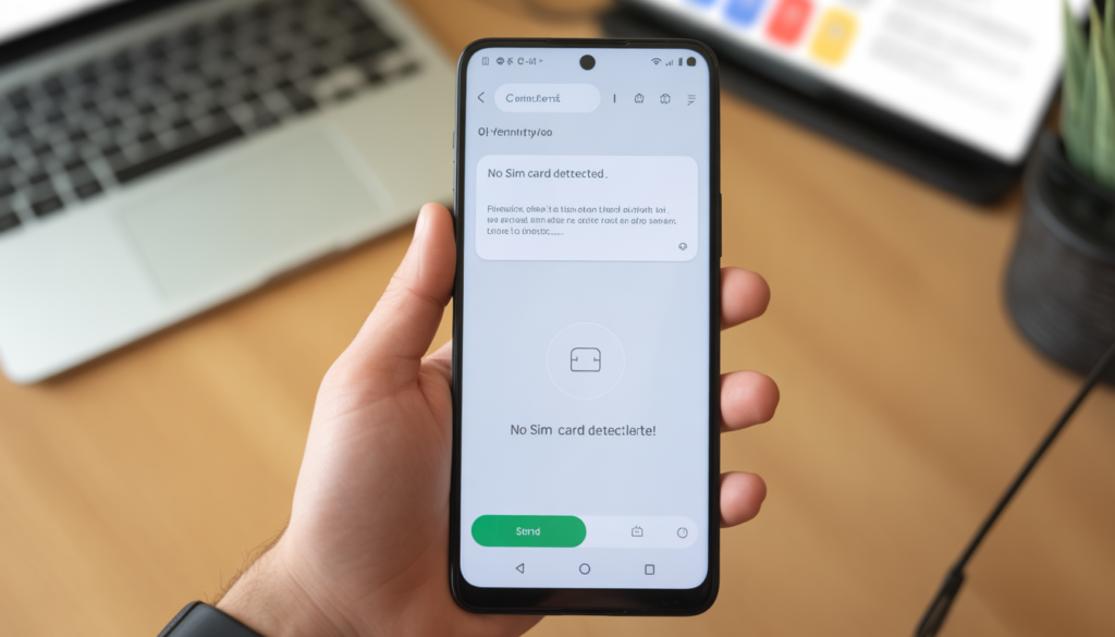Android phone showing no SIM card detected error on smartphone screen