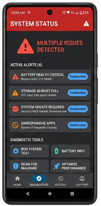 Android troubleshooting menu showing common system problems