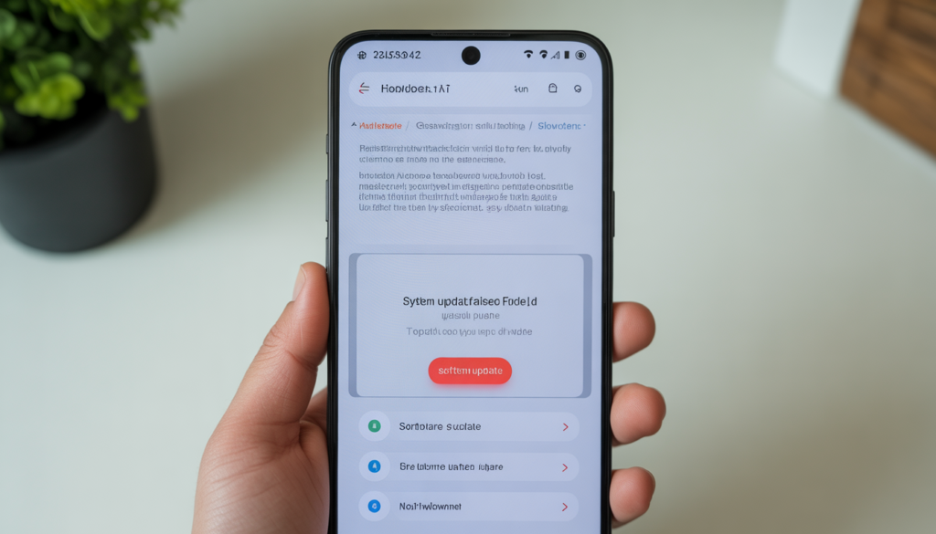 Android system update failed error displayed on smartphone screen