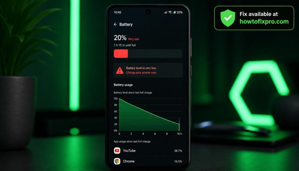 Android 15 battery drain issues - phone showing battery percentage dropping quickly