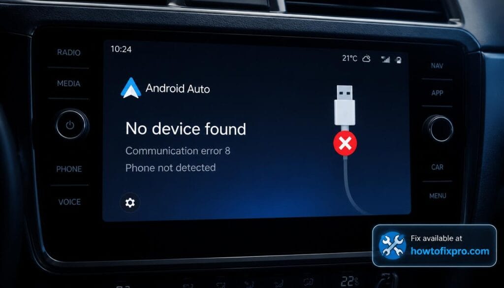 Android Auto no device found error on car display screen