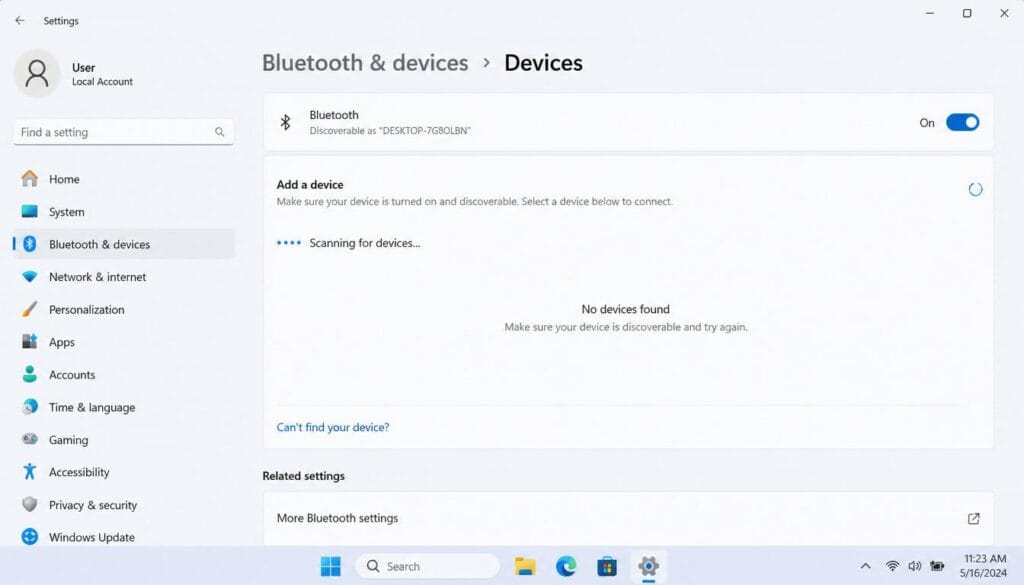 Bluetooth device not found error displayed in Windows 11 settings