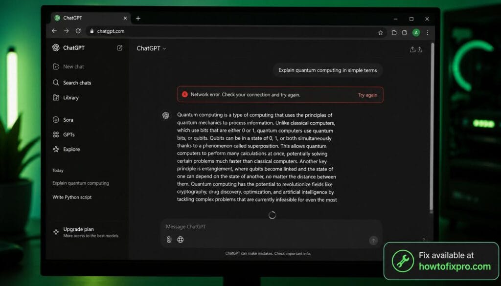 ChatGPT network error on long responses - screen showing error message during response