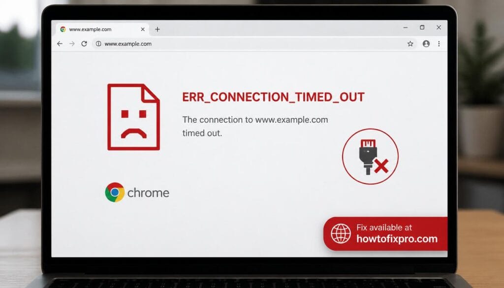 Chrome ERR_CONNECTION_TIMED_OUT error message on computer screen