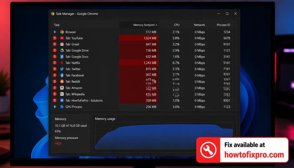 Chrome high memory usage warning in Task Manager showing RAM consumption