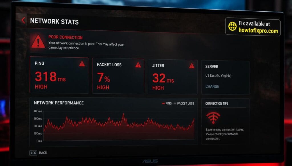 High ping and packet loss in Windows 11 gaming - network statistics showing 300ms ping