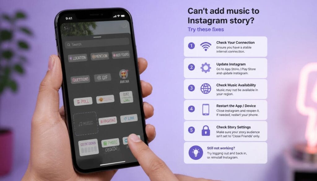 Instagram story music not working - music sticker grayed out on smartphone
