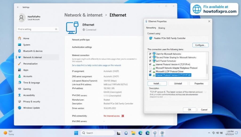 IPv6 connectivity no internet access error on Windows 11 network settings