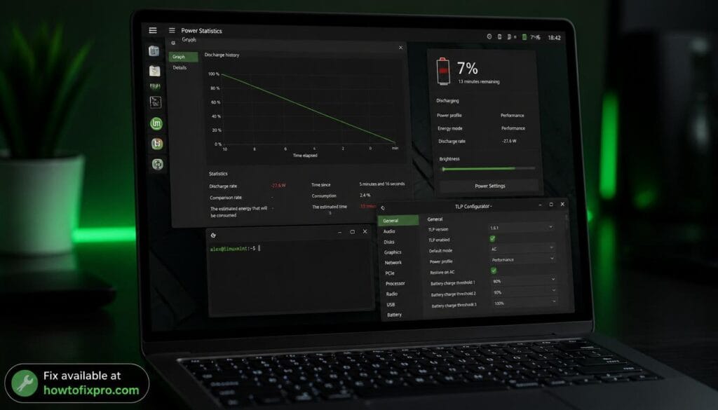 Linux laptop battery draining quickly with TLP optimization graph