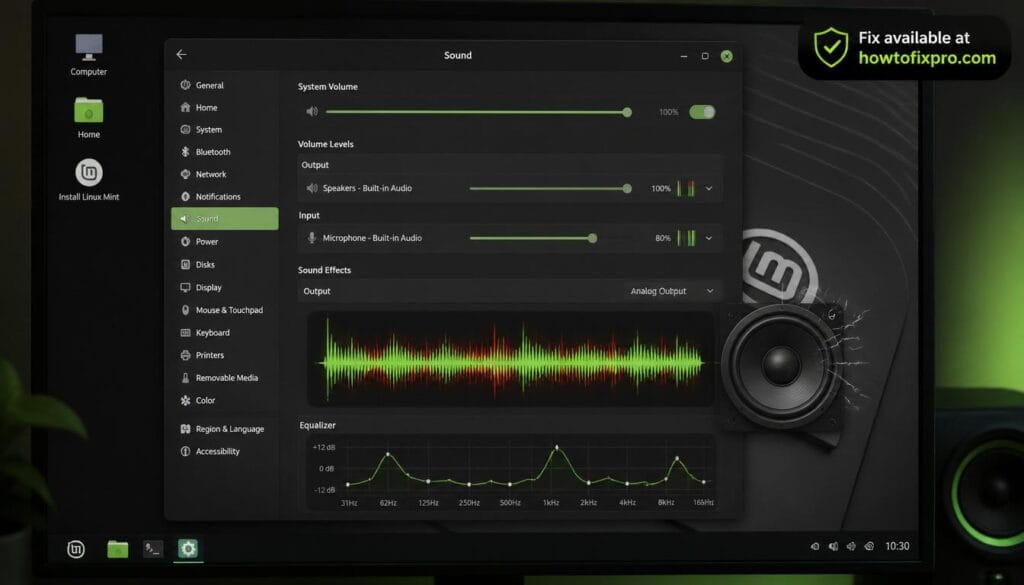 Linux Mint sound settings panel showing audio crackling issue