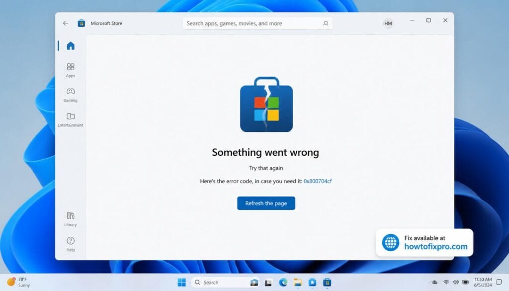 Microsoft Store error code 0x800704cf on Windows 11 screen
