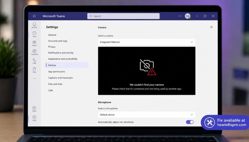 Microsoft Teams camera not working - laptop showing Teams settings with camera error