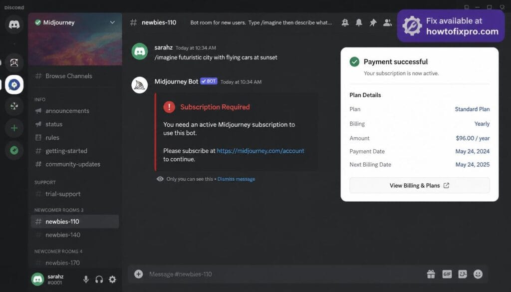 Midjourney subscription required error message on Discord
