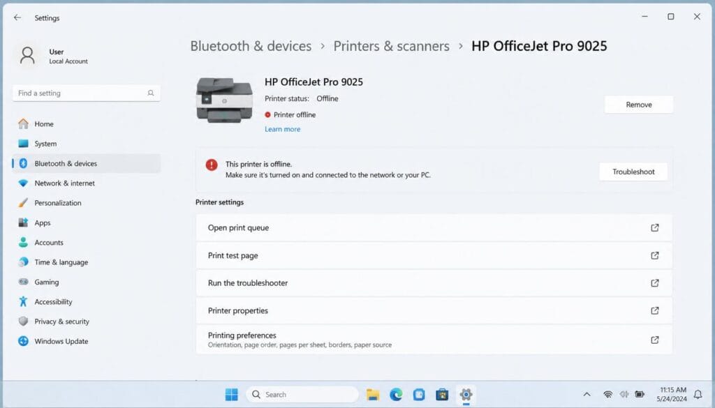 Printer not working error in Windows 11 displayed on computer screen