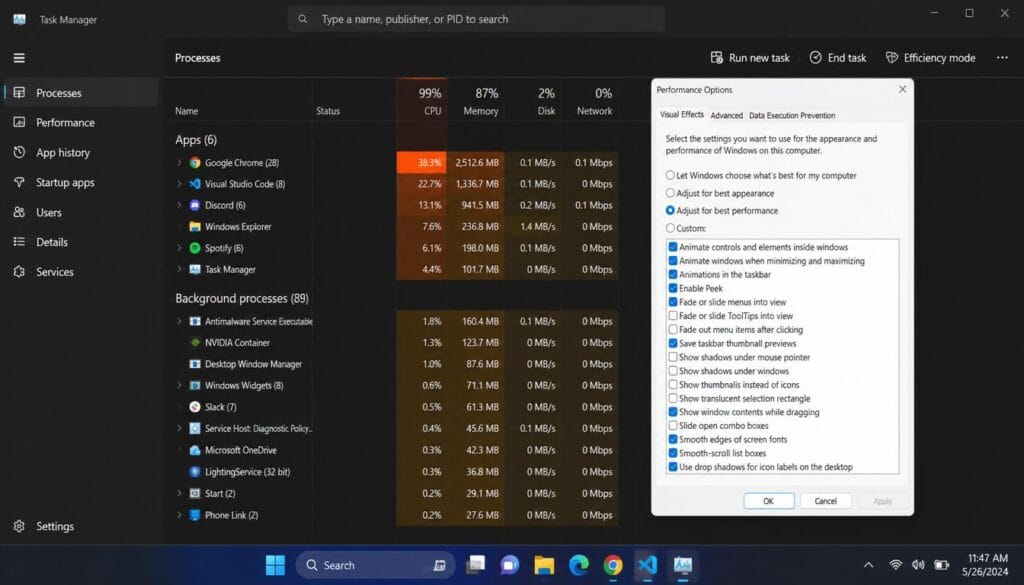 Windows 11 slow performance shown on computer screen with task manager open