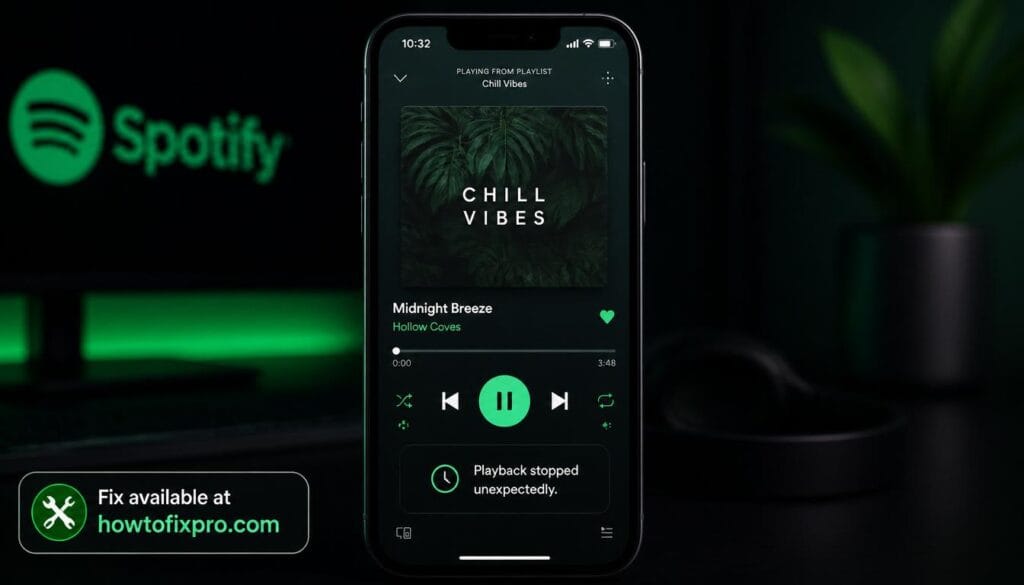 Spotify keeps pausing - smartphone showing paused playback with error symbol