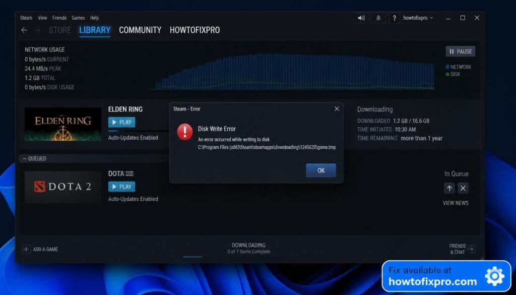 Steam Disk Write Error message on game download screen