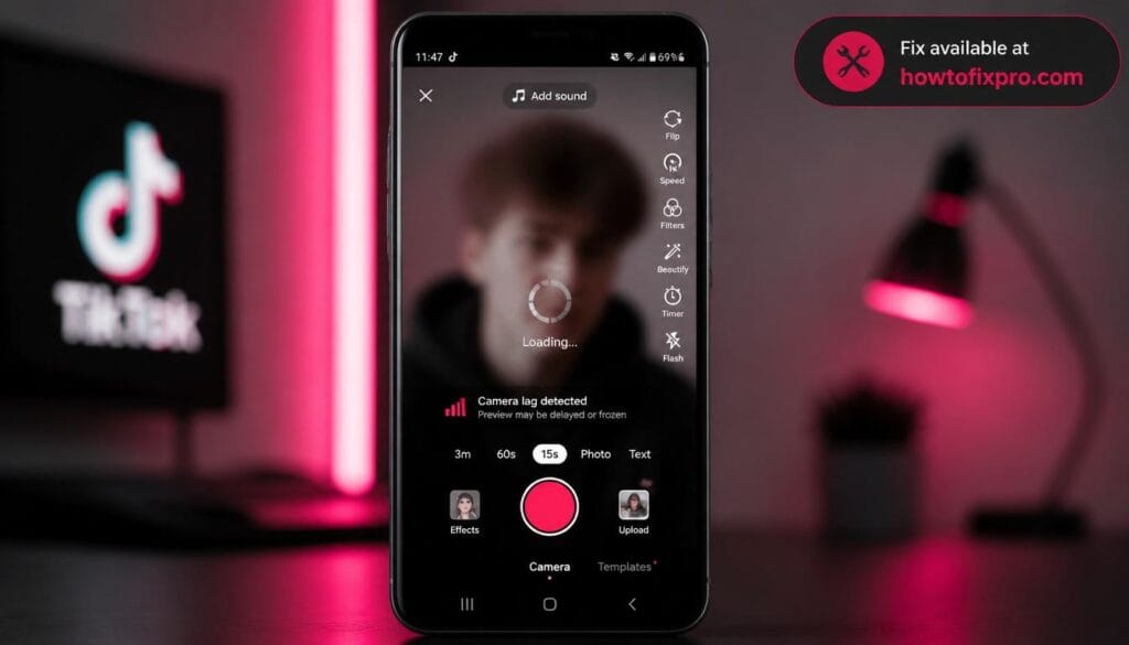 TikTok camera lag on Android - phone screen showing frozen camera preview