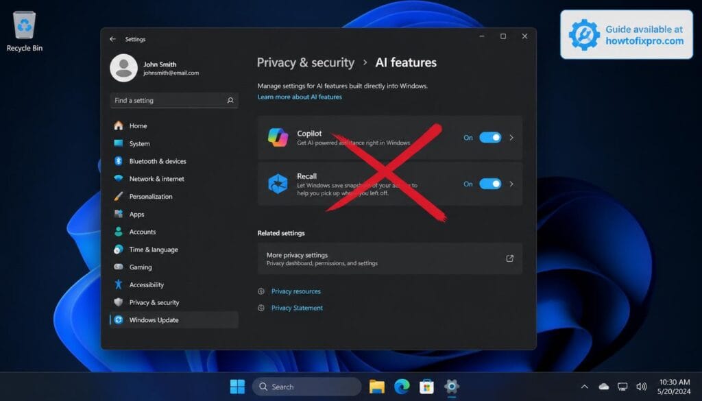 Windows 11 Copilot+ PC settings showing AI feature removal options