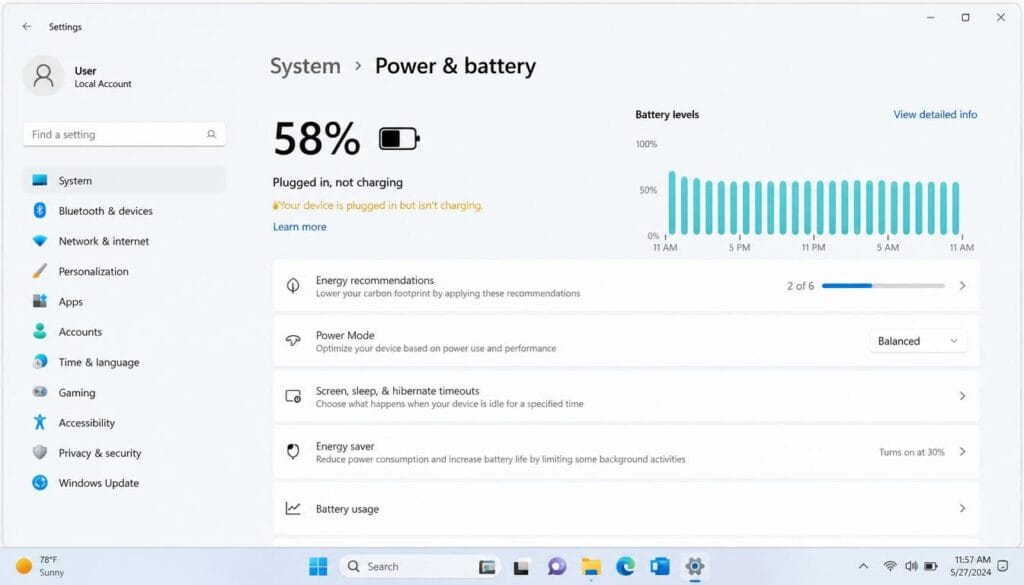 Windows 11 laptop battery not charging warning displayed on computer screen