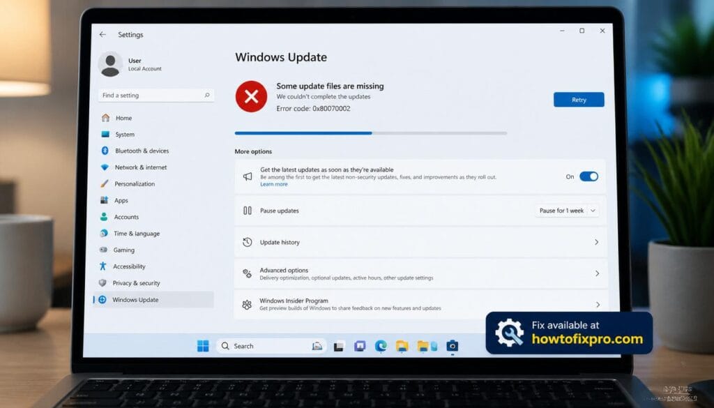 Windows 11 update error code 0x80070002 on settings screen