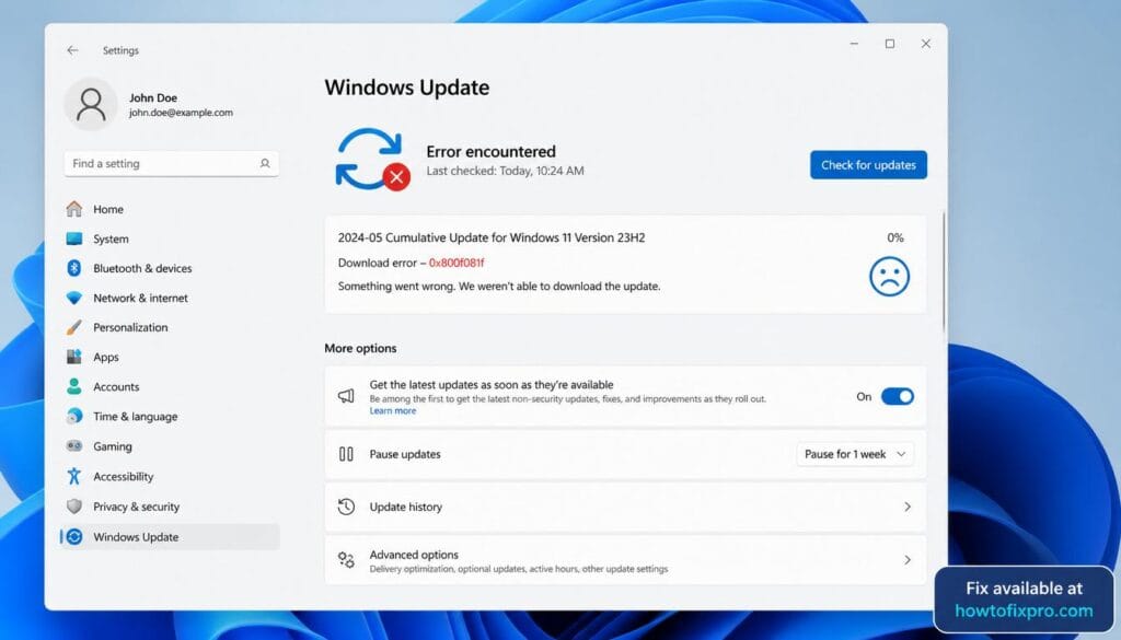 Windows 11 update error code 0x800f081f on settings screen