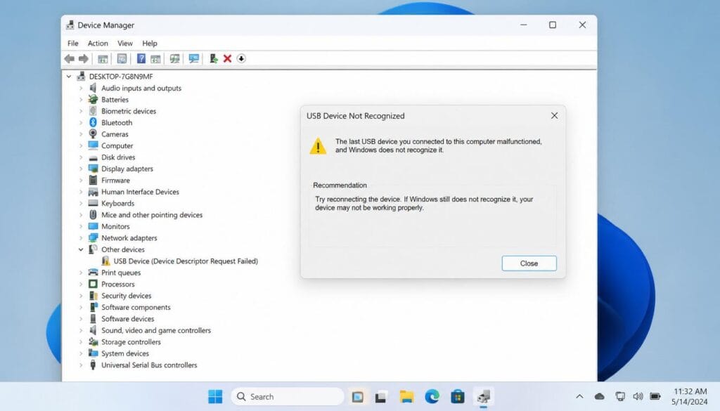 Windows 11 USB ports not working error displayed on computer screen