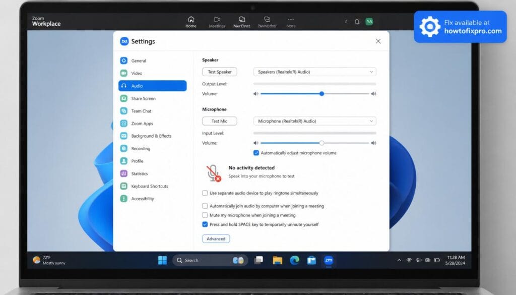 Zoom microphone not working on Windows 11 - laptop showing Zoom settings with mic error
