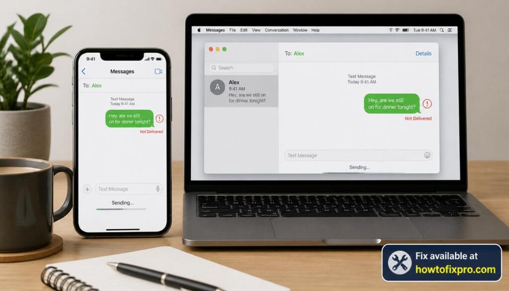Smartphone and laptop showing Android not sending SMS error with red exclamation mark – a common scenario when Android not sending SMS occurs