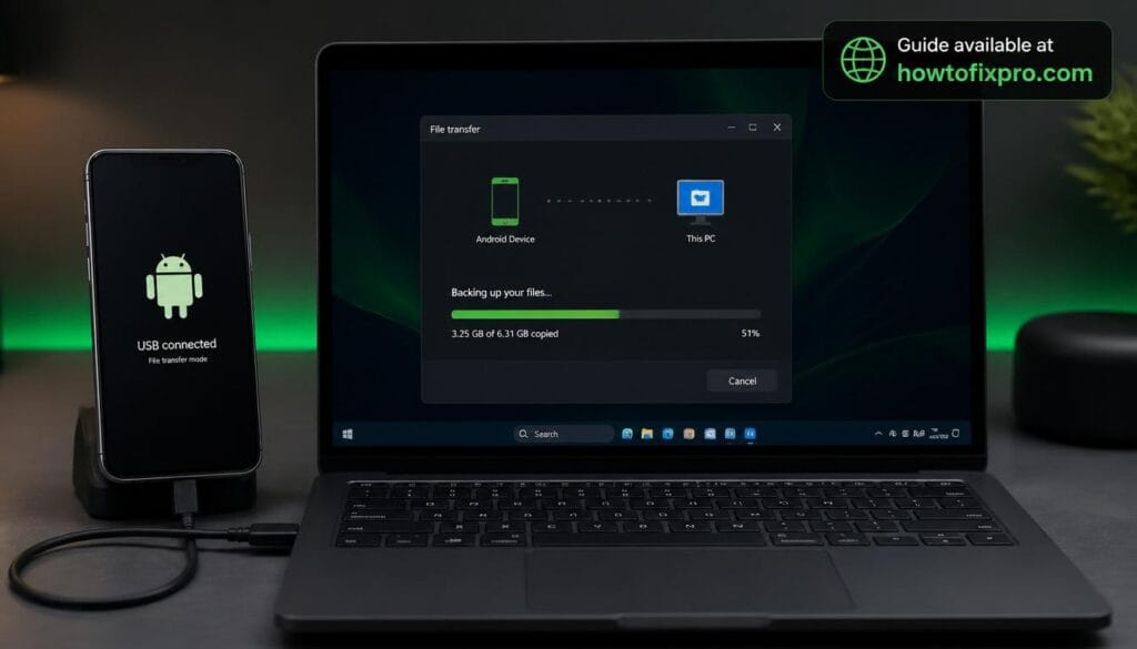 Android phone connected to PC for backup via USB cable