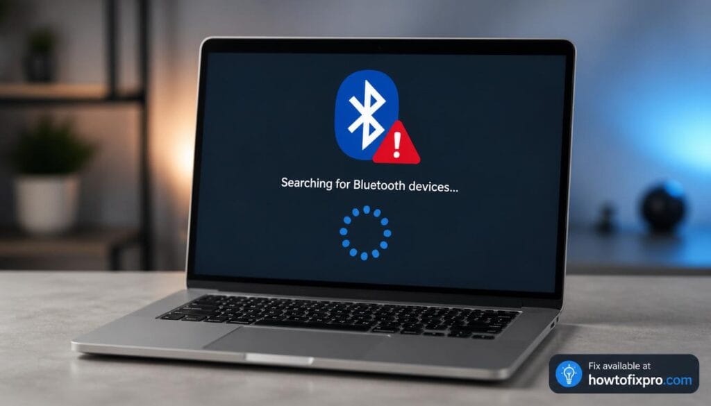 Bluetooth device not found Windows 11 with a red warning on the laptop screen – a common scenario when Bluetooth fails to detect devices.