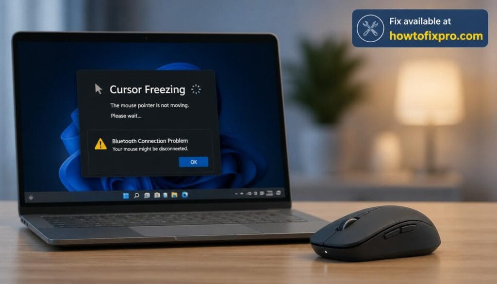 Bluetooth mouse lagging Windows 11 error with a cursor freezing on the laptop screen – a common scenario when the Bluetooth connection is unstable.