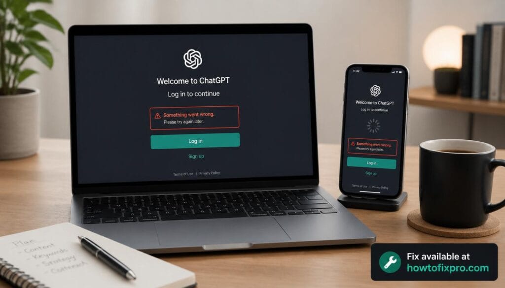 Laptop and phone showing ChatGPT login error message – a common scenario when ChatGPT login error occurs