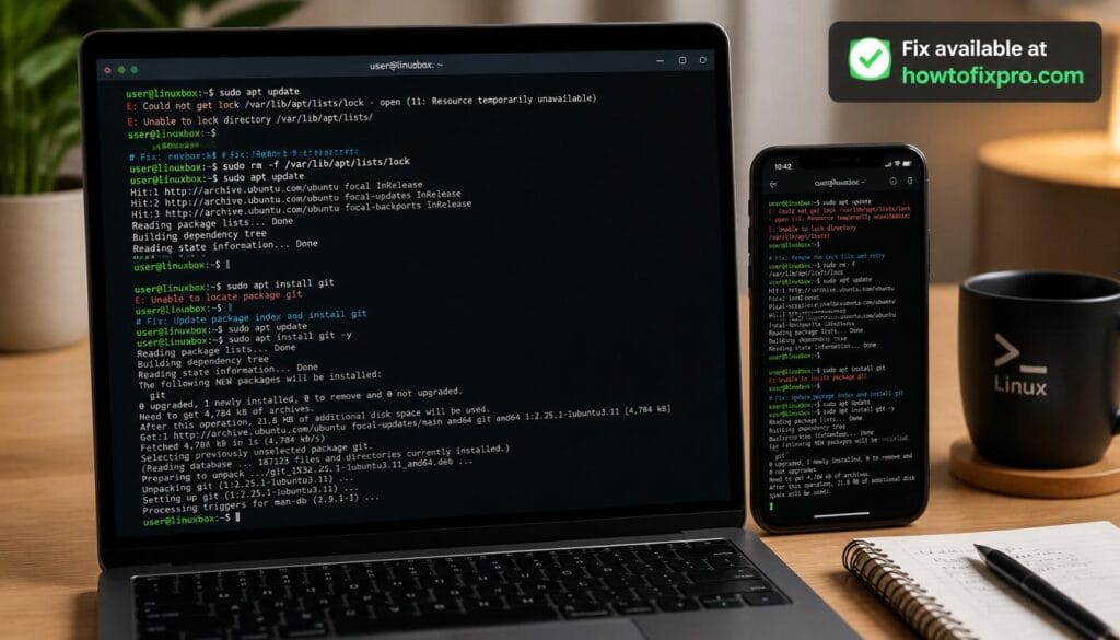 Laptop and smartphone showing Linux terminal with error messages – a typical screen when troubleshooting common Linux problems