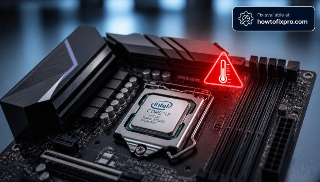 CPU overheating after Intel microcode fix with a thermal warning on a motherboard – a common scenario when temperatures rise after a BIOS update.