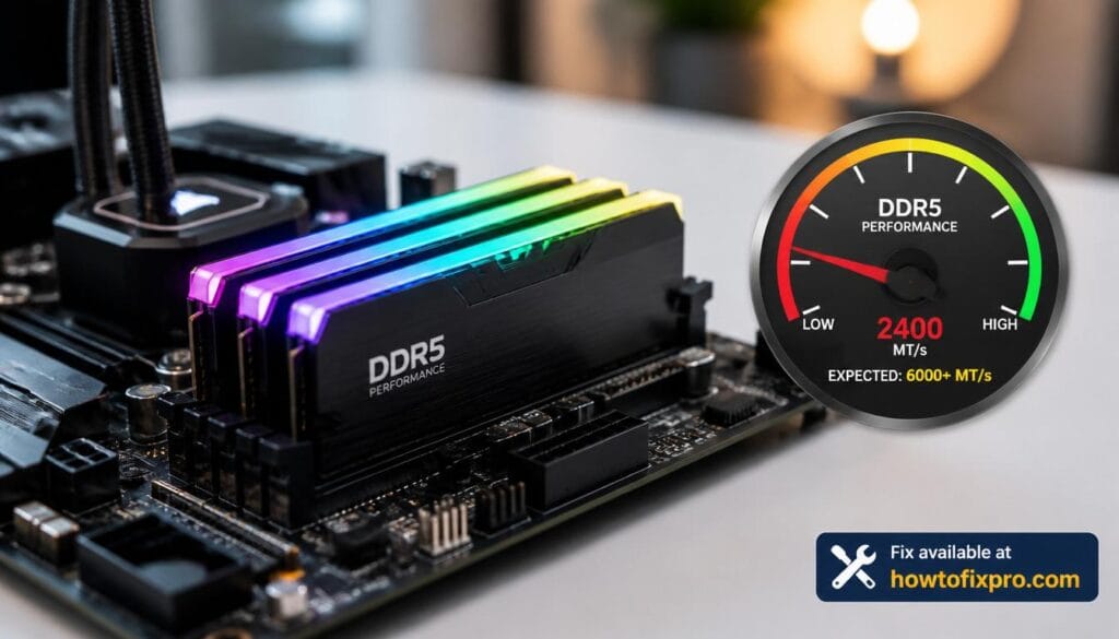 DDR5 RAM not running at advertised speed with a speed gauge showing lower performance – a common scenario when memory fails to reach rated speeds.