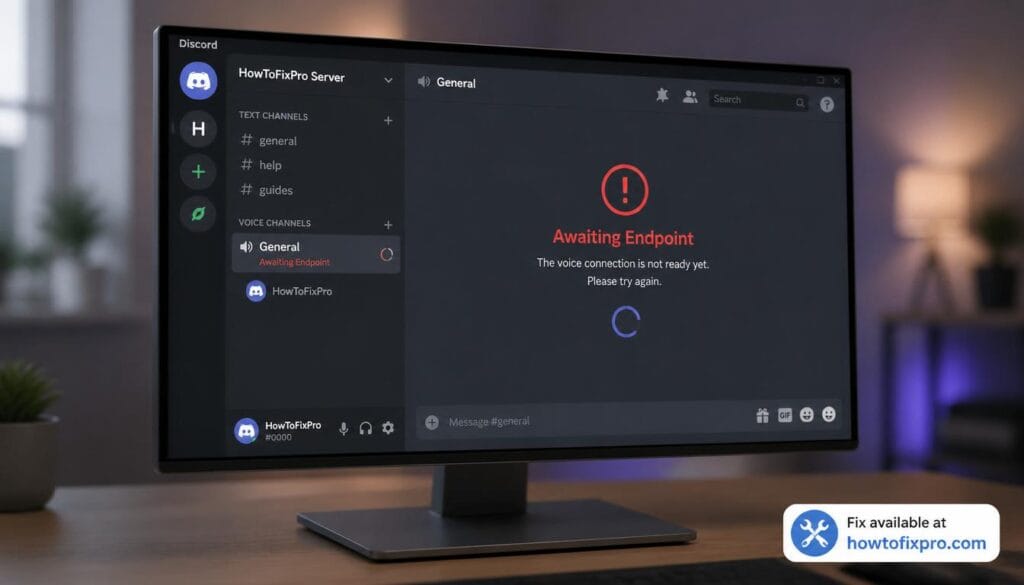 Discord Awaited Endpoint error with a frozen voice channel loading screen – a common scenario when Discord fails to connect to a voice server.
