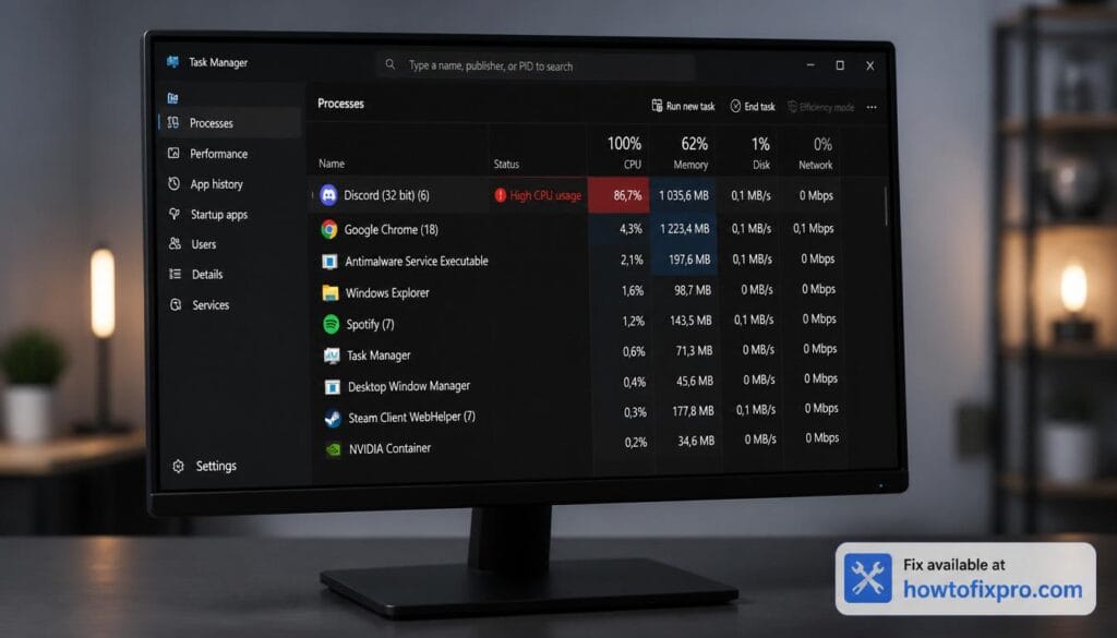 Discord high CPU usage with a red warning in Task Manager – a common scenario when Discord consumes excessive system resources.