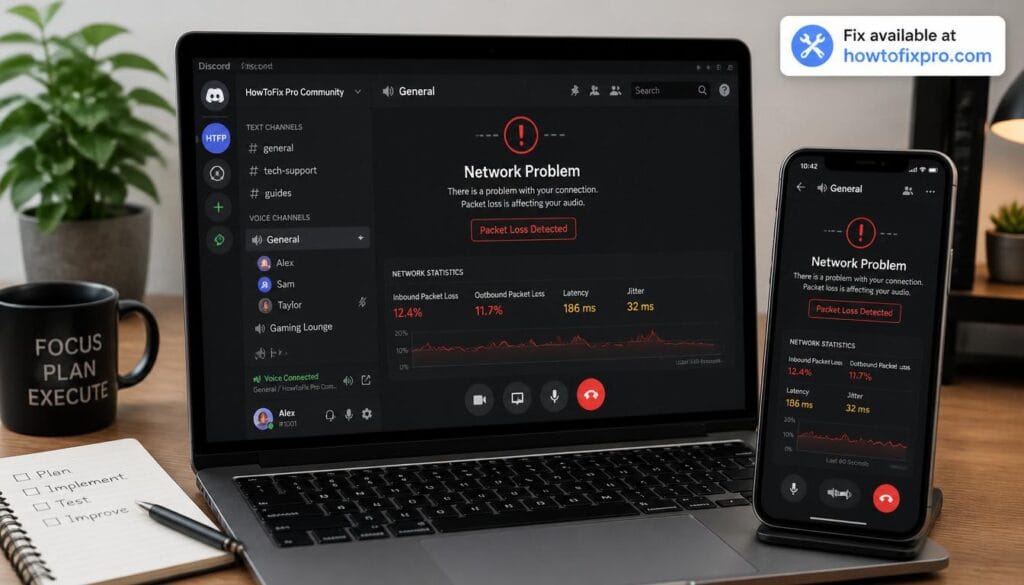 Laptop and phone showing Discord high packet loss warning – a common scenario when Discord high packet loss occurs