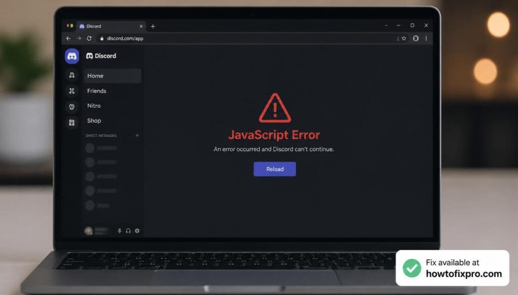 Discord JavaScript Error with a red warning on a laptop screen – a common scenario when the Discord web app fails to load due to JavaScript issues.