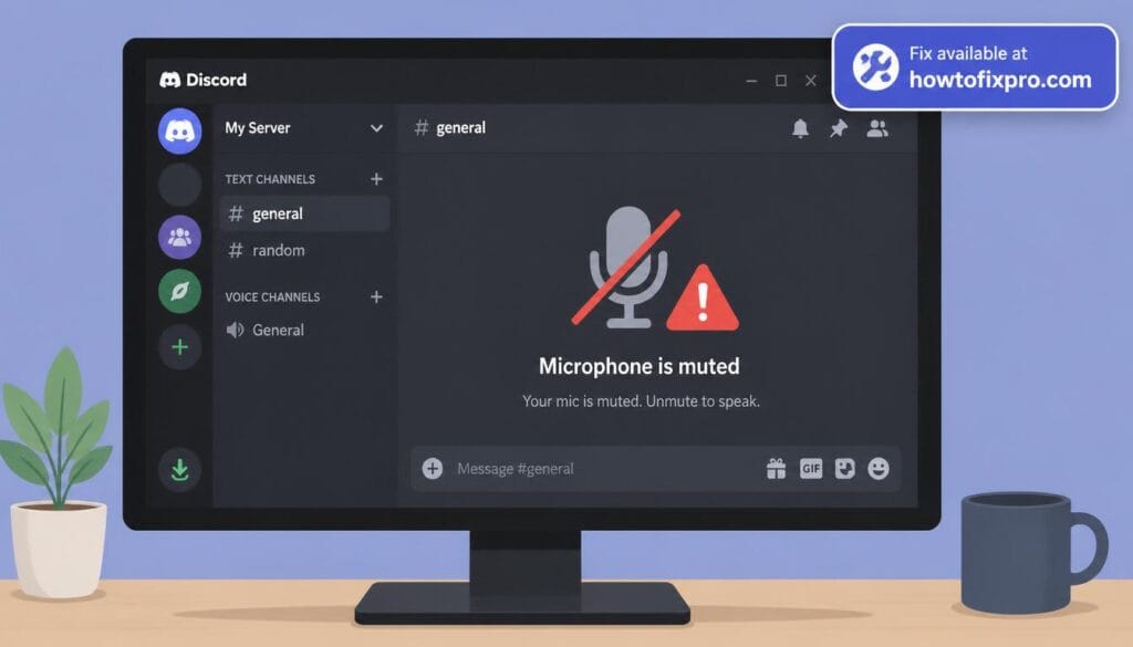 Discord mic not working with a muted microphone icon on the screen – a common scenario when Discord fails to detect the microphone.