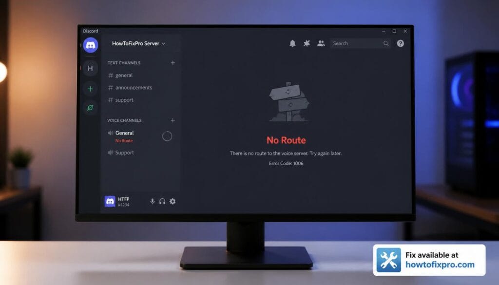 Discord No Route error with a frozen voice channel loading screen on Windows – a common scenario when Discord fails to establish a voice connection.
