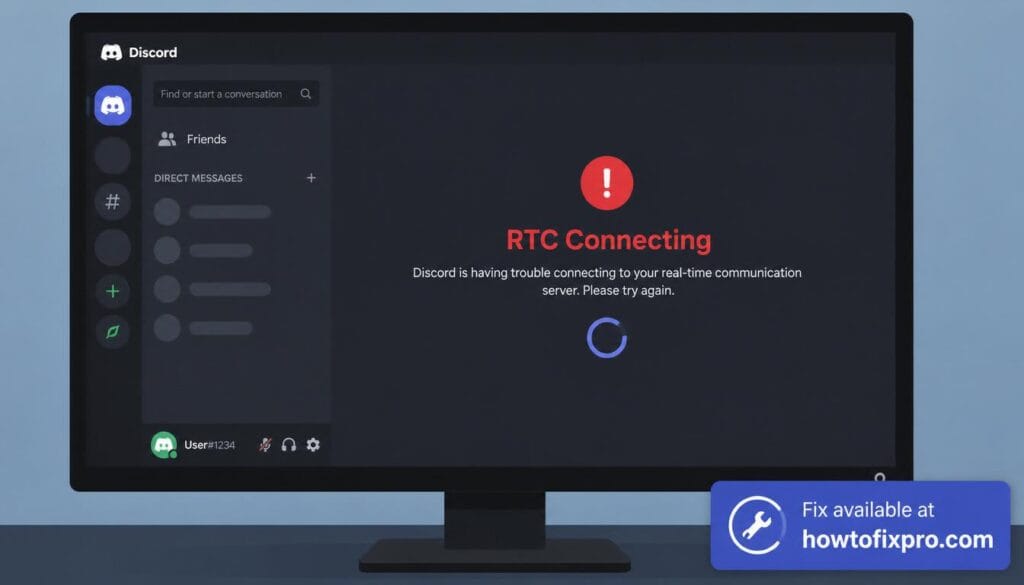 Discord RTC connecting error with a frozen voice channel screen – a common scenario when Discord fails to establish a voice connection.