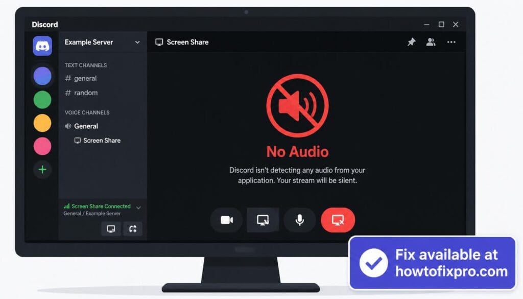 Discord screen share no audio error on a computer monitor – a common scenario when screen sharing fails to transmit sound.