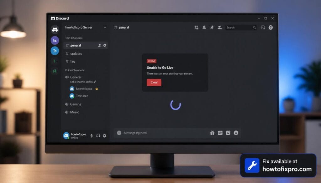 Discord stream not working with a Go Live error on the computer screen – a common scenario when the stream fails to start.
