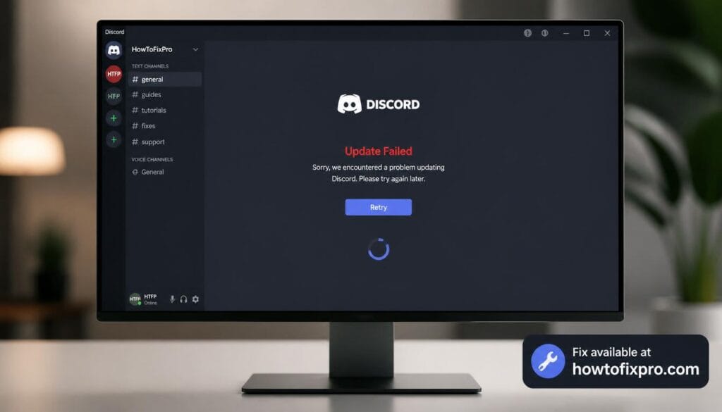 Discord Update Failed loop with a red error message on the screen – a common scenario when the app gets stuck in an endless update cycle.