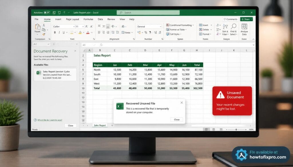 Excel file recovery pane showing an unsaved document recovery option – a common scenario when Excel crashes and needs to recover unsaved work.