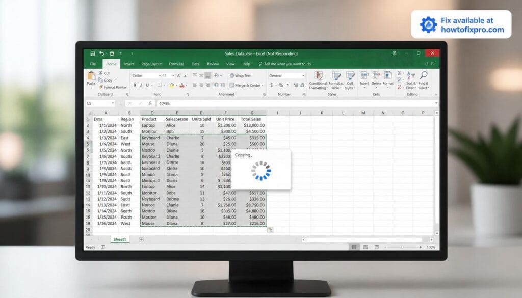 Excel freezing when copying and pasting with a frozen cursor and loading wheel – a common scenario when Excel hangs during copy-paste operations.